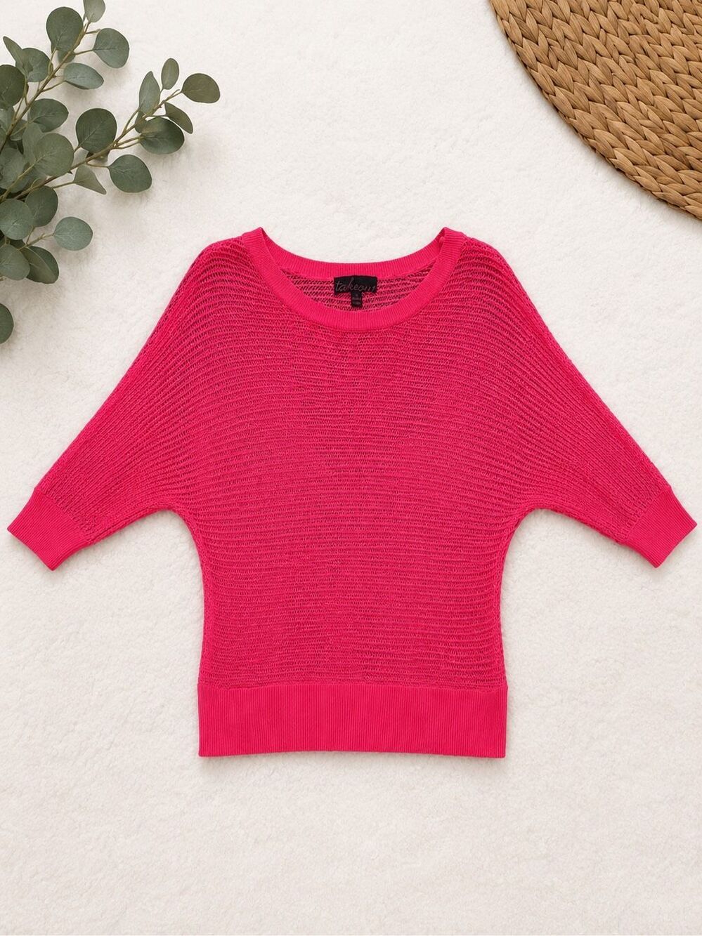 Takeout Women’s Hot Pink Open Knit Dolman Sleeve Sweater Top Size S - Picture 3 of 3